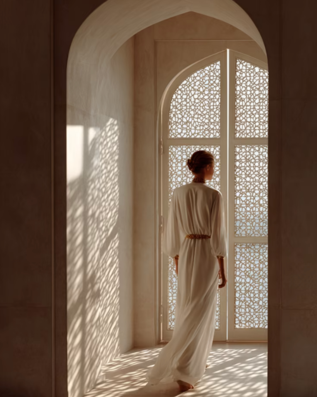 Household staff member in a sunlit archway